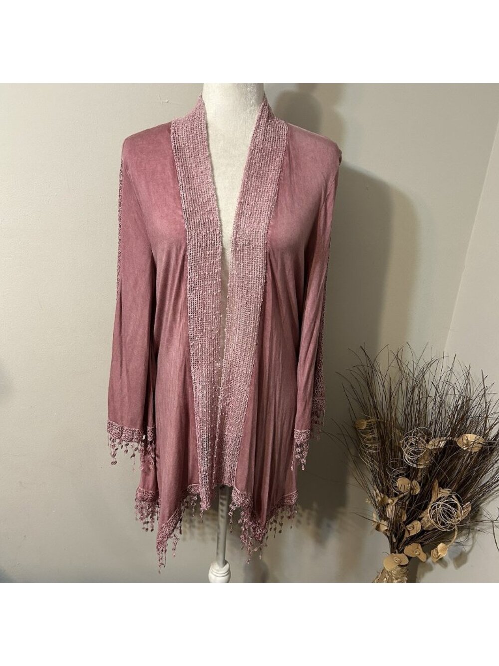 NWT Cupio Open Front Knit Cardigan Lace Trim Fringe Dusty Pink Lagenlook Sz M